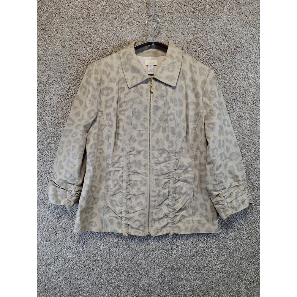 Chico's Jacket Womens 0 Gray Lined Leopard Print Ruched Front Collared Zip Up